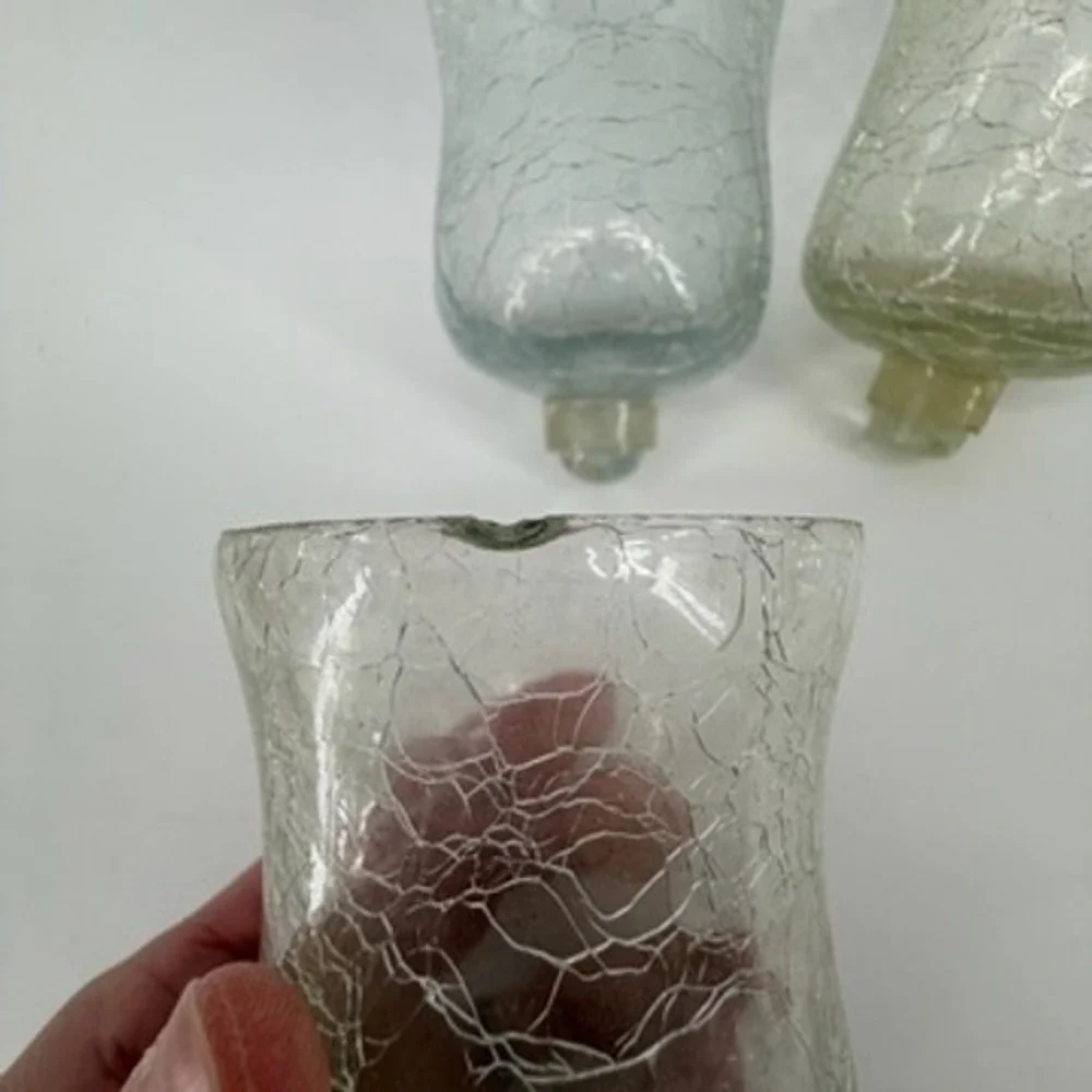 Vintage Crackle Glass Hurricane Candle Shades Set of 3 Brass Rim Peg Base Clear